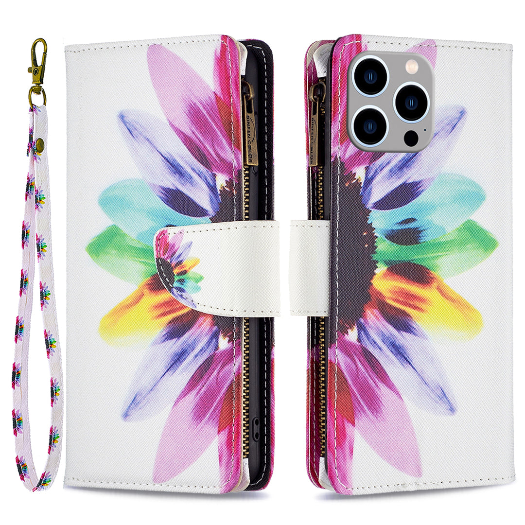 BF03 Zipper Pocket Phone Cover for iPhone 15 Pro Max , Pattern Printing Stand PU Leather Wallet Case - Sunflower BF03 Zipper Pocket Phone Cover for iPhone 15 Pro Max , Pattern Printing Stand PU Leather Wallet Case - Sunflower